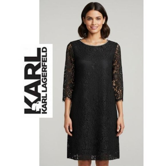 Classic LBD! KARL LAGERFELD PARIS, Black lace shift dress with crystal neckline - Picture 1 of 12